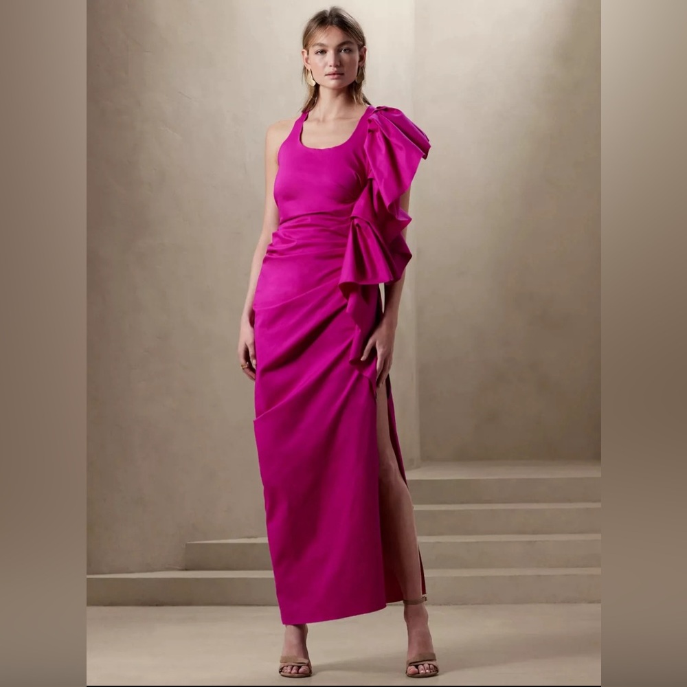 BANANA REPUBLIC SOFFI RUFFLE MAXI DRESS SIZE 2 NEON FUCHSIA #621048 NEW